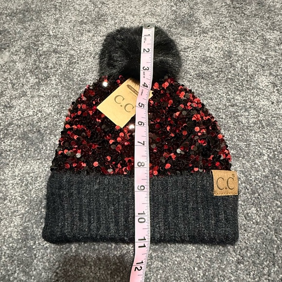 C.C Sequin Red Black Beanie with Black Pom-Pom Women One Size NWT main image 7
